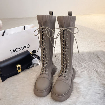 Panel Boots Knit Platform Tall Lace-Up