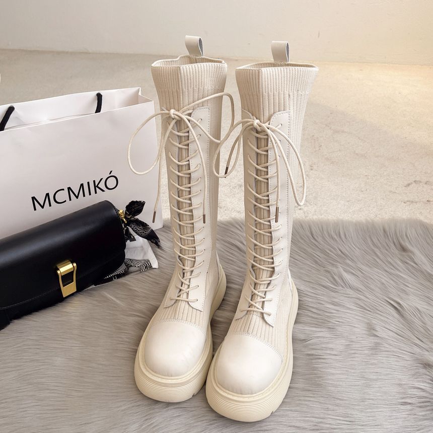 Panel Boots Knit Platform Tall Lace-Up