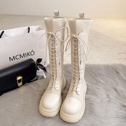 Panel Boots Knit Platform Tall Lace-Up