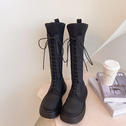 Panel Boots Knit Platform Tall Lace-Up