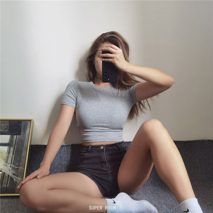Top Plain Cropped Short-Sleeve