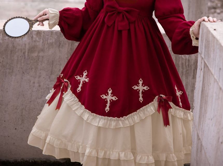 Cross Embroidered Long-Sleeve Lolita Dress