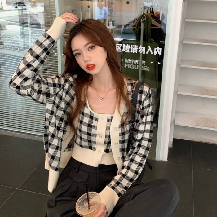 / Cardigan Plaid Top Camisole