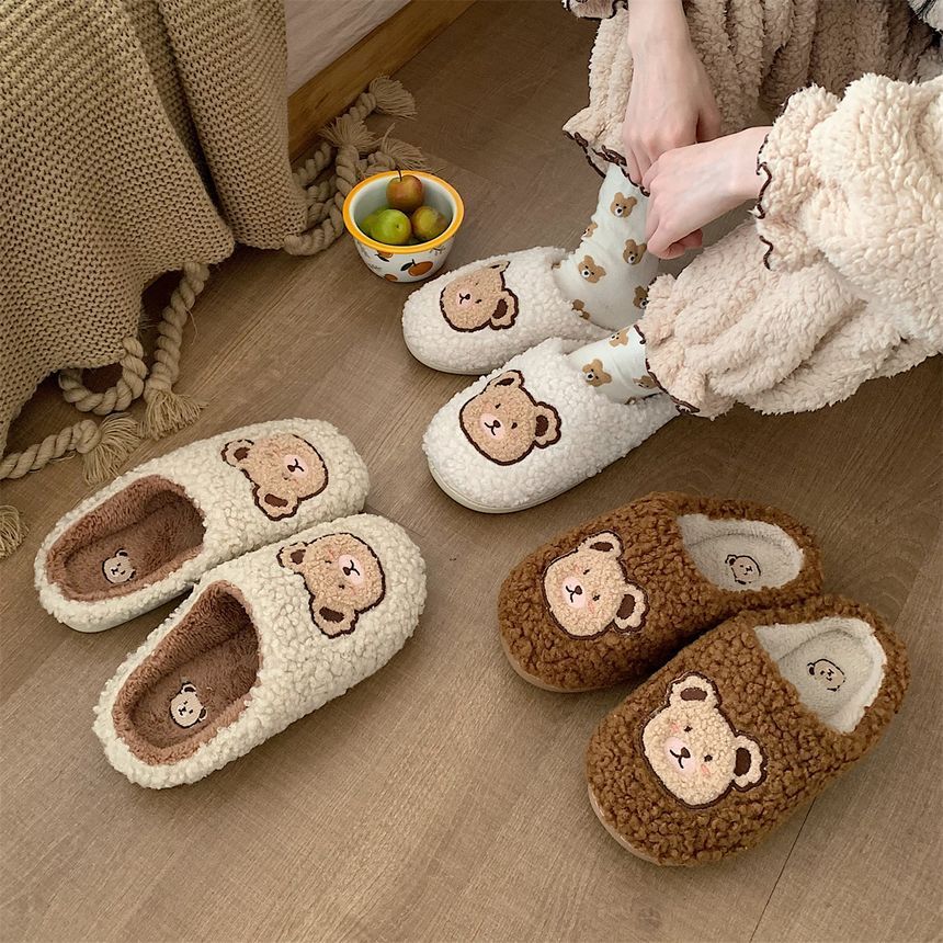 Bear Embroidered Fluffy Home Slippers