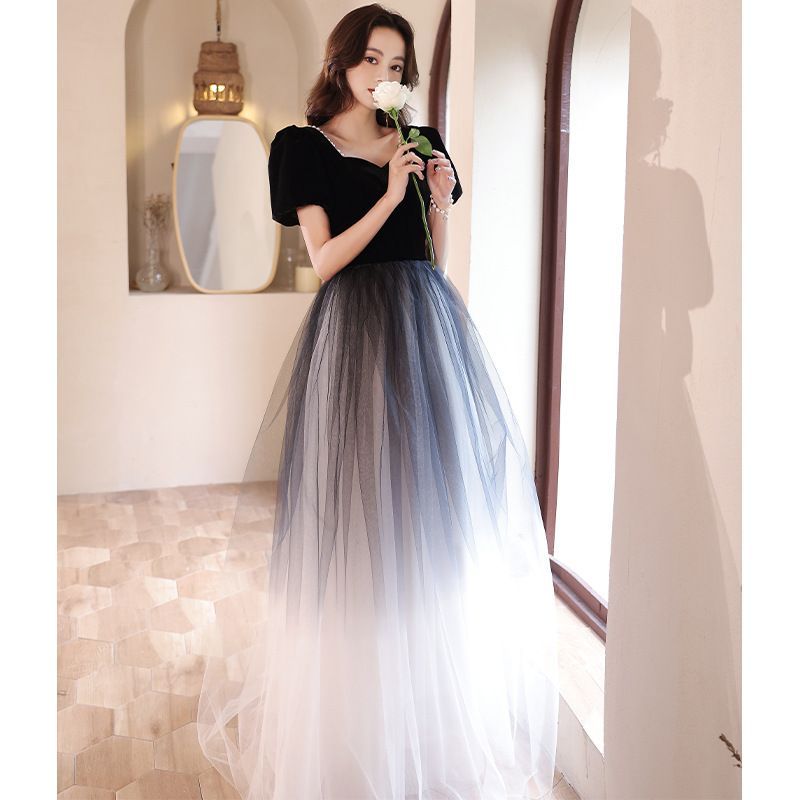 Puff-Sleeve Ombre Mesh A-Line Evening Gown