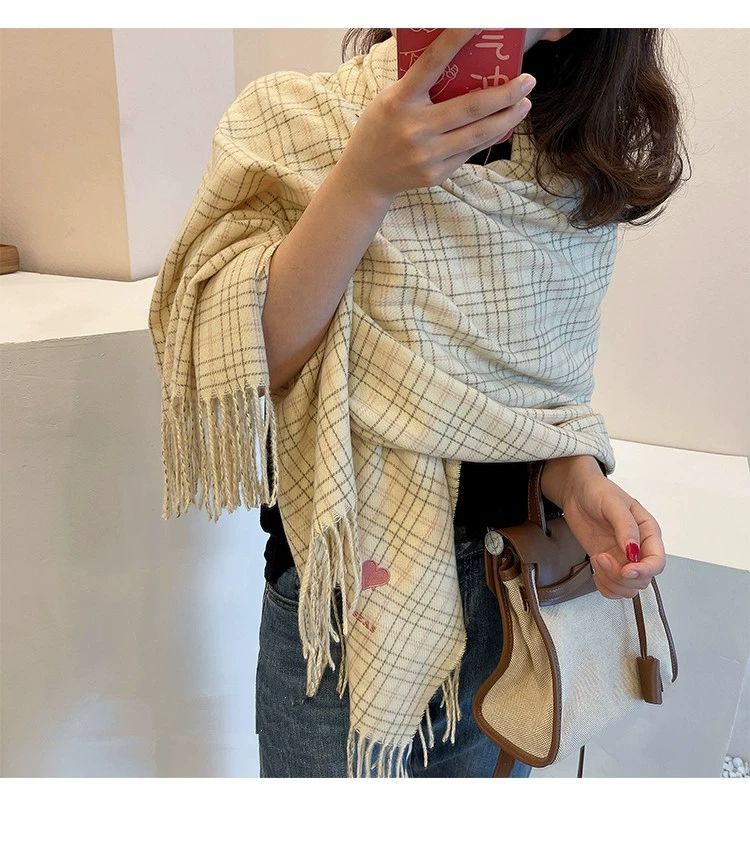Heart Plaid Embroidered Scarf
