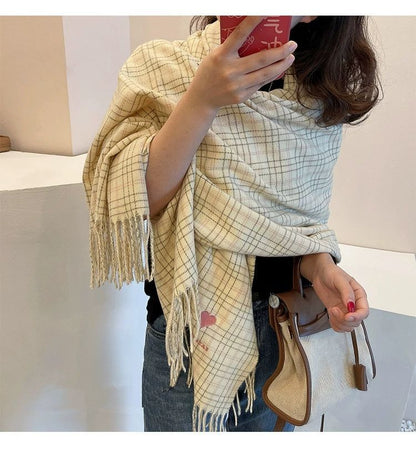 Heart Plaid Embroidered Scarf