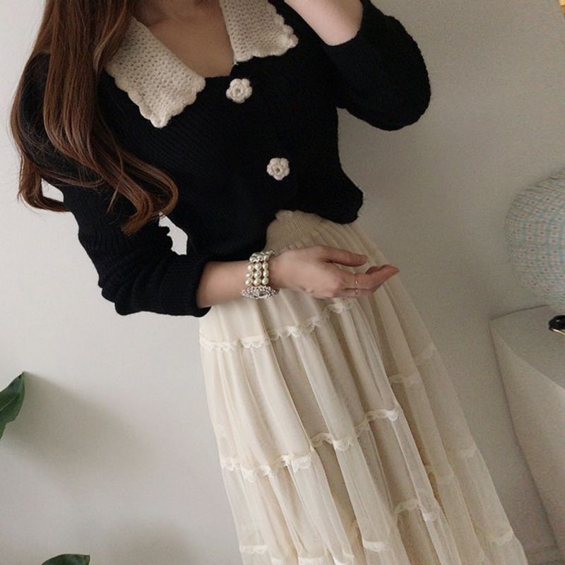 Collared Cardigan / Mesh Midi A-Line Skirt