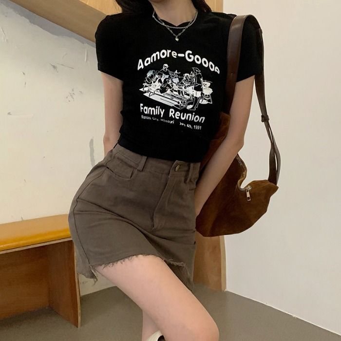 Print Short-Sleeve Cartoon T-Shirt Cropped