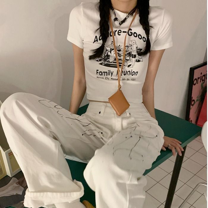 Print Short-Sleeve Cartoon T-Shirt Cropped