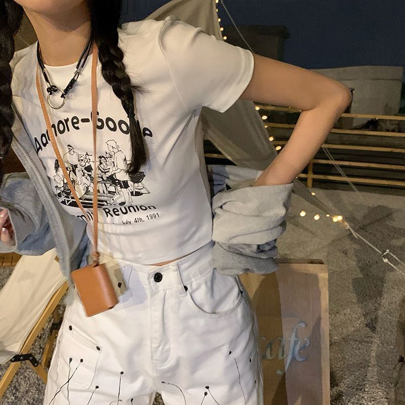 Print Short-Sleeve Cartoon T-Shirt Cropped