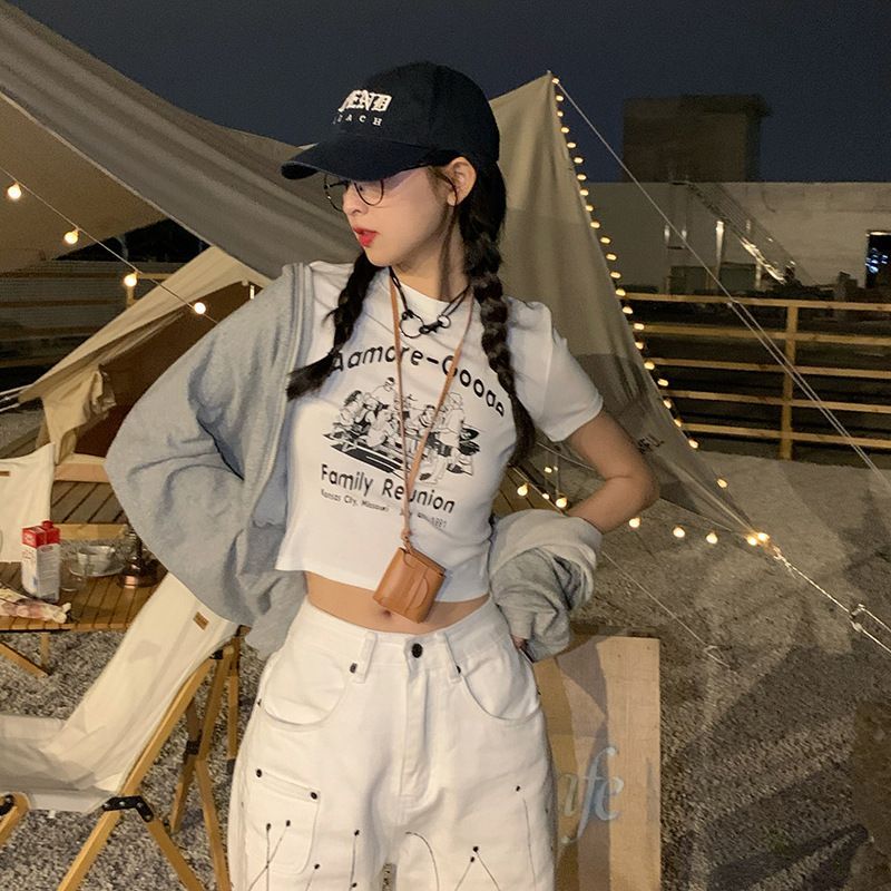 Print Short-Sleeve Cartoon T-Shirt Cropped