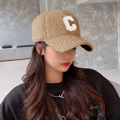 Cap Shearling Lettering Applique Baseball Faux
