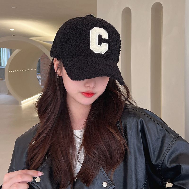 Cap Shearling Lettering Applique Baseball Faux