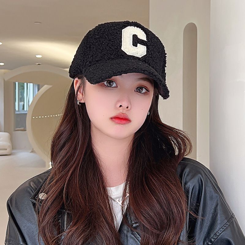 Cap Shearling Lettering Applique Baseball Faux