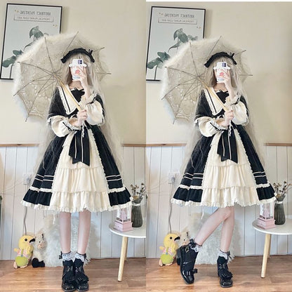 Lolita Long-Sleeve Mock Two-Piece Lace Trim A-Line Dress / Headpiece / Set