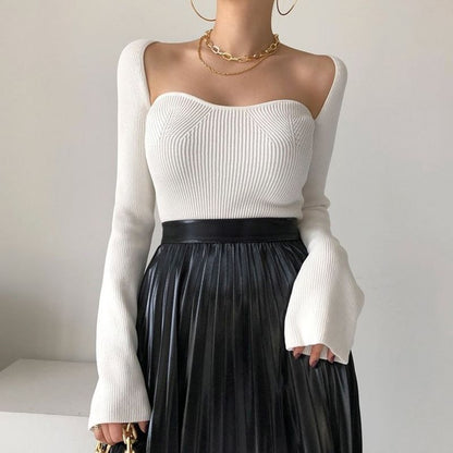 Square-Neck Ribbed Knit Top