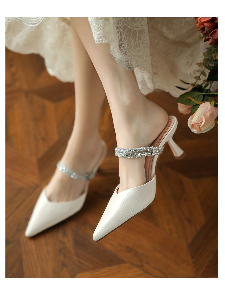 Pointy-Toe High-Heel Mules Rhinestone