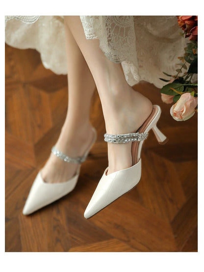 Pointy-Toe High-Heel Mules Rhinestone