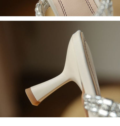 Pointy-Toe High-Heel Mules Rhinestone