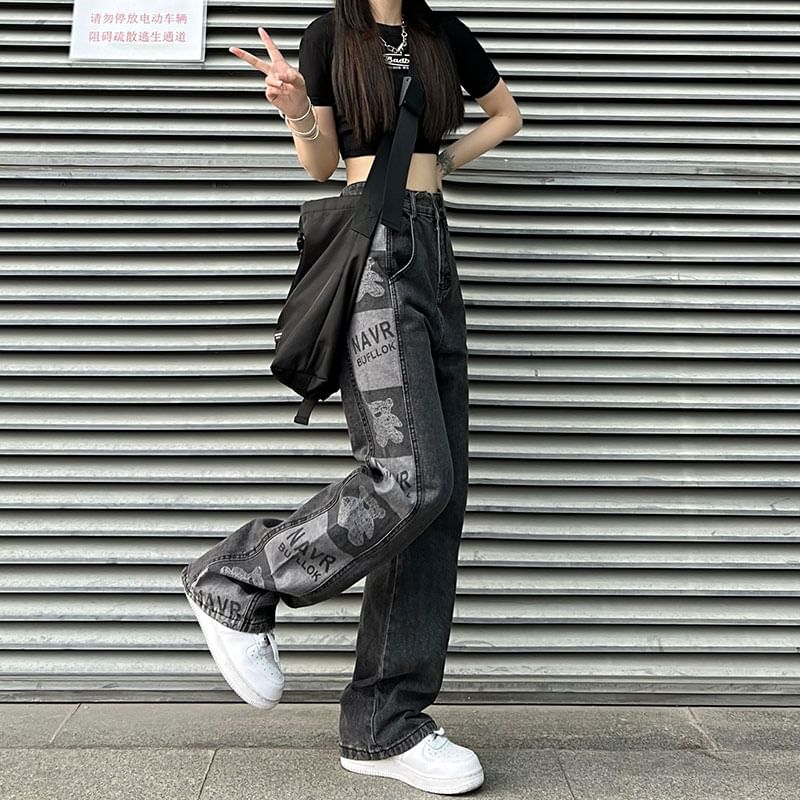 Baggy High Waist Print Jeans Graphic