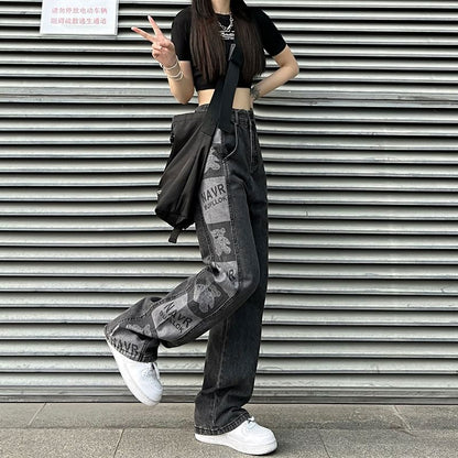 Baggy High Waist Print Jeans Graphic