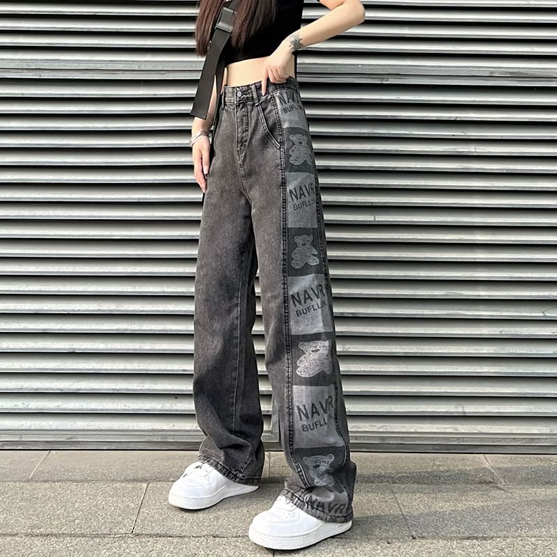 Baggy High Waist Print Jeans Graphic