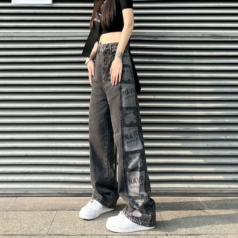 Baggy High Waist Print Jeans Graphic