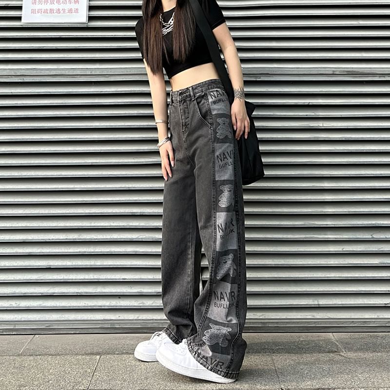 Baggy High Waist Print Jeans Graphic