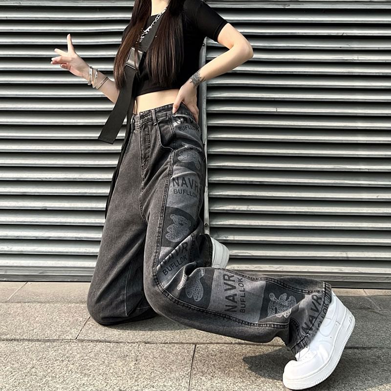 Baggy High Waist Print Jeans Graphic