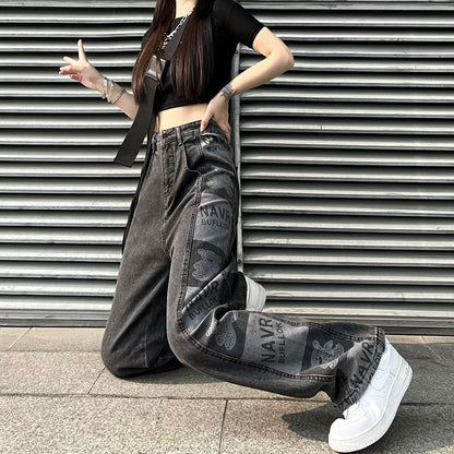 Baggy High Waist Print Jeans Graphic