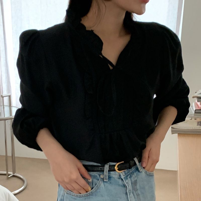 Panel Wood Ear Trim Puff-Sleeve Loose-Fit Shirt