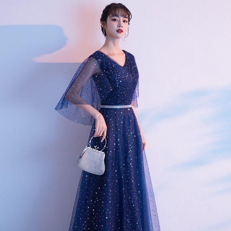 Bell-Sleeve Sequined A-Line Evening Gown