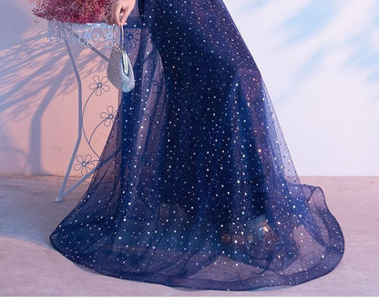 Bell-Sleeve Sequined A-Line Evening Gown