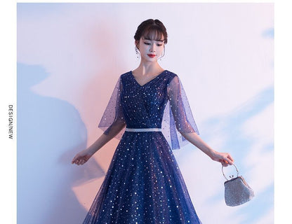 Bell-Sleeve Sequined A-Line Evening Gown