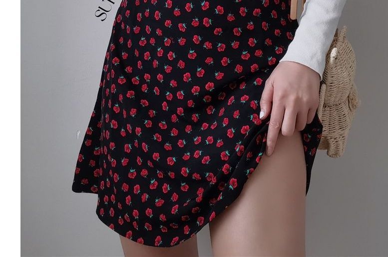 Strap / Midi Slim-Fit Rose Print Sleeveless Mini Dress Floral Spaghetti