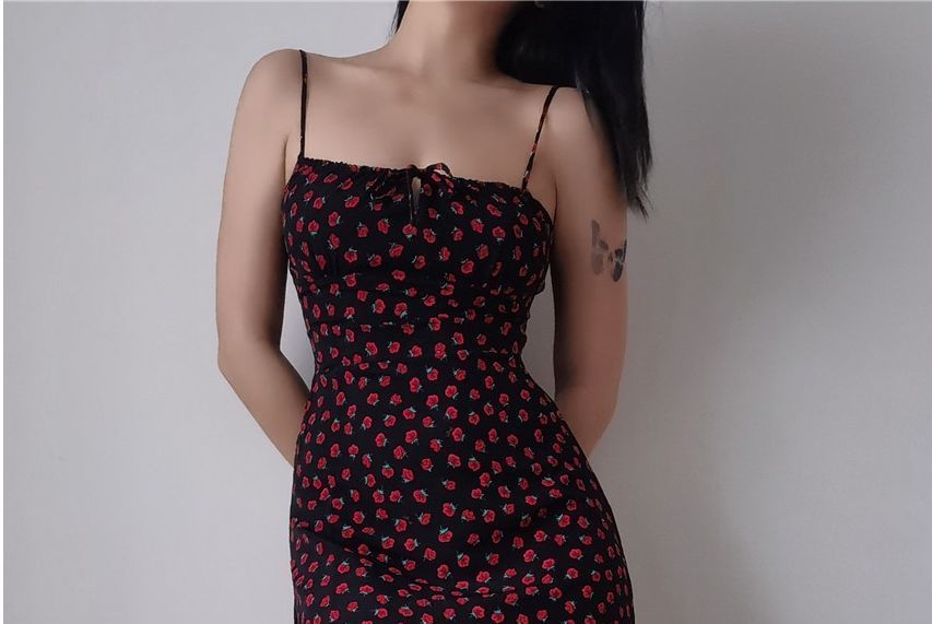 Strap / Midi Slim-Fit Rose Print Sleeveless Mini Dress Floral Spaghetti