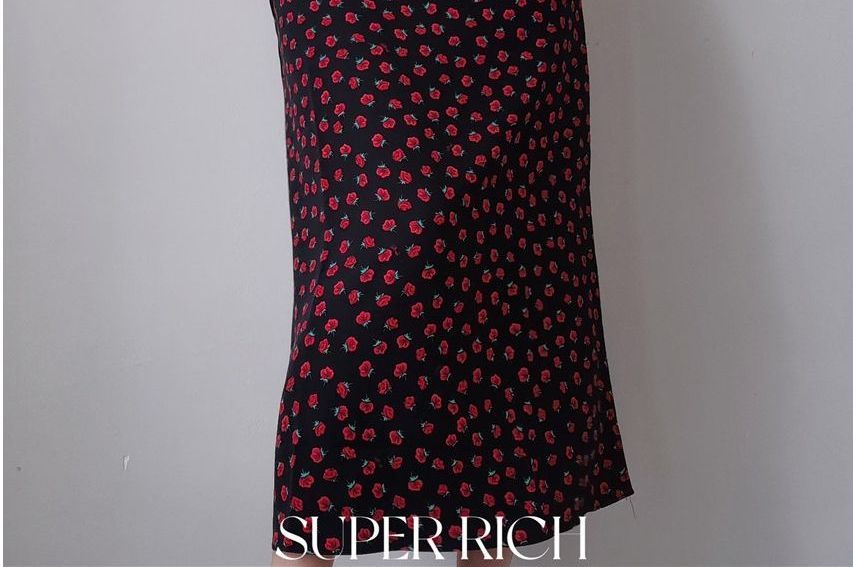 Strap / Midi Slim-Fit Rose Print Sleeveless Mini Dress Floral Spaghetti