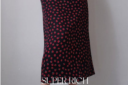 Strap / Midi Slim-Fit Rose Print Sleeveless Mini Dress Floral Spaghetti