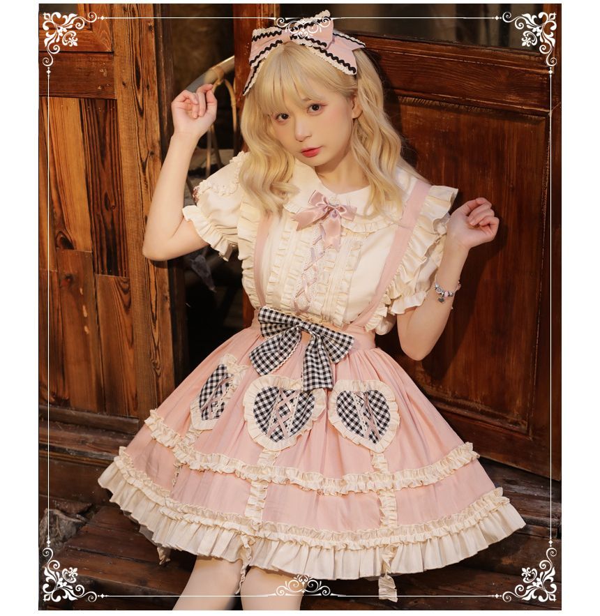 Lolita Short-Sleeve Ruffled Top / Ribbon A-Line Skirt With Suspender