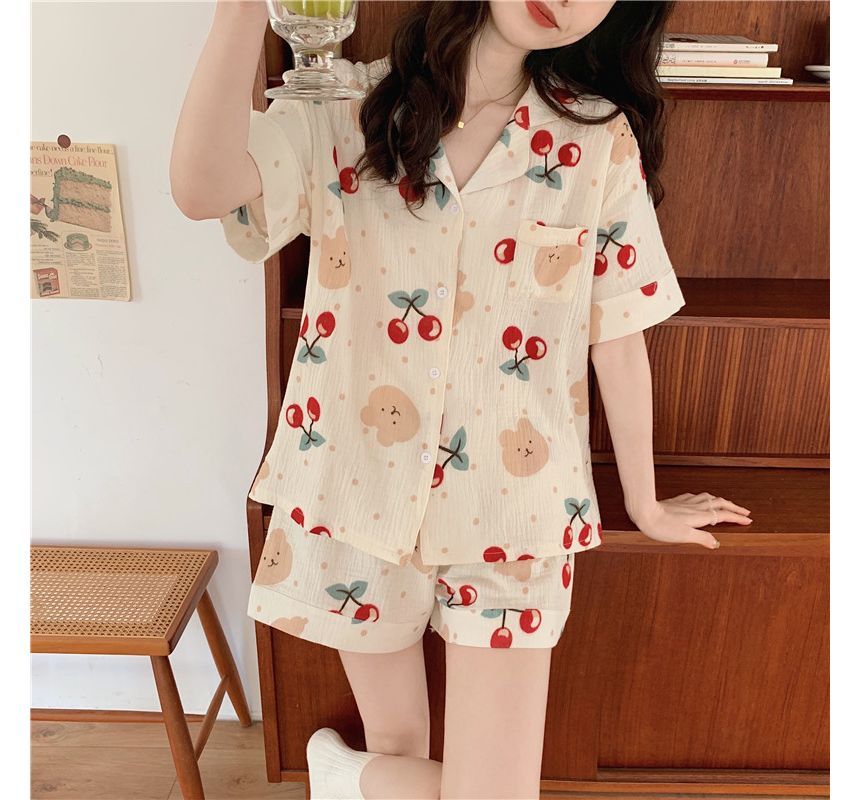 Pajama Set: Cherry Bear Print Top + Shorts