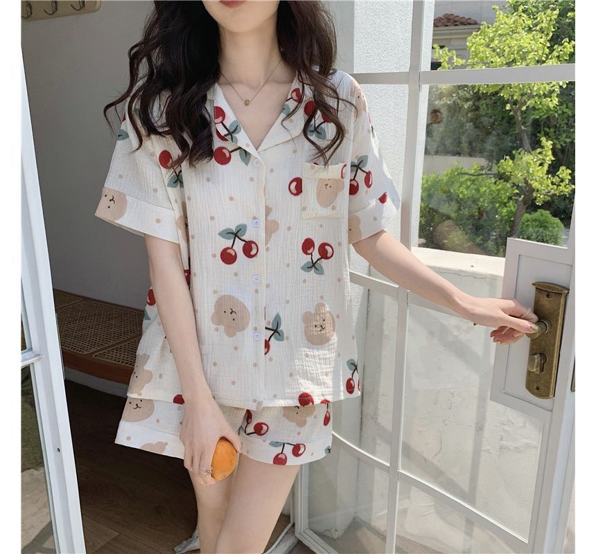 Pajama Set: Cherry Bear Print Top + Shorts