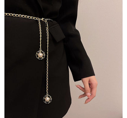 Chain Belt Pearl Floral Faux