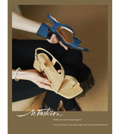 Chunky Sandals Cross Strap Square-Toe Heel