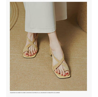 Chunky Sandals Cross Strap Square-Toe Heel