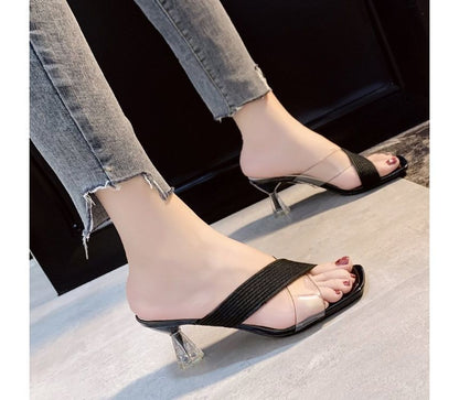PVC Slide Panel Chunky-Heel Sandals