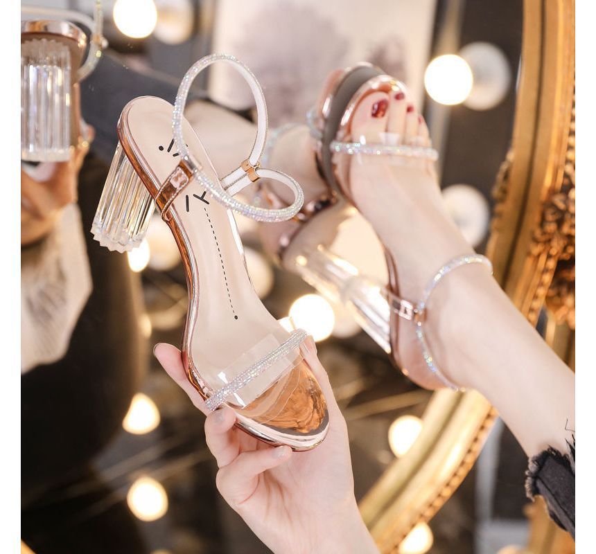 Sandals Chunky-Heel Ankle-Strap Rhinestone