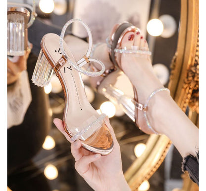 Sandals Chunky-Heel Ankle-Strap Rhinestone