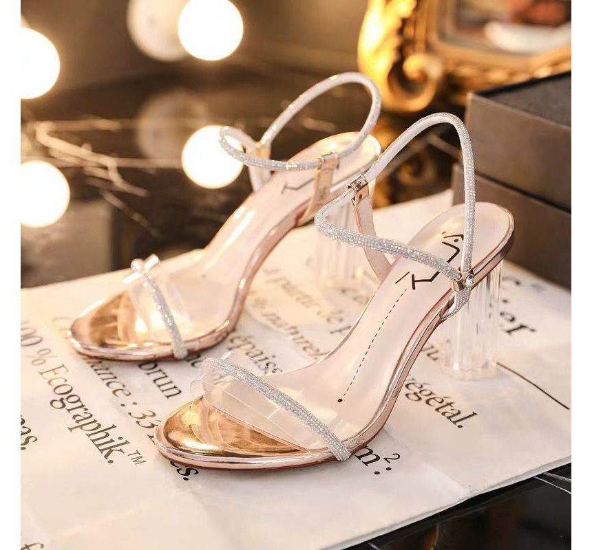 Sandals Chunky-Heel Ankle-Strap Rhinestone
