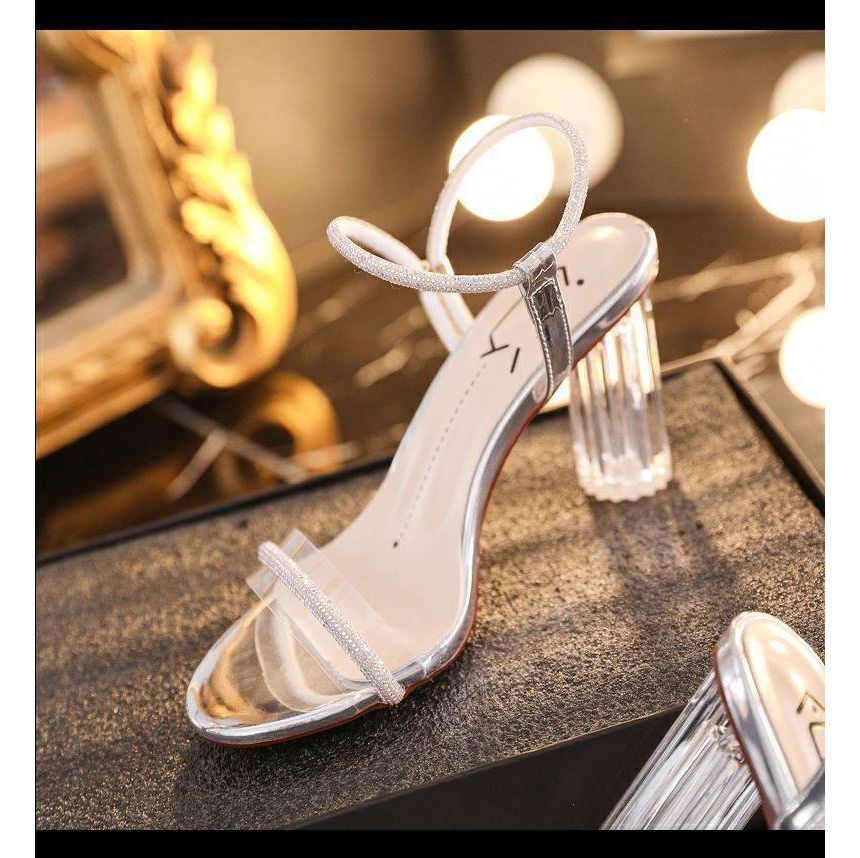 Sandals Chunky-Heel Ankle-Strap Rhinestone